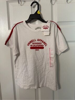 Unwell Apparel White Tee with Red Logo and Shoulder Stripes